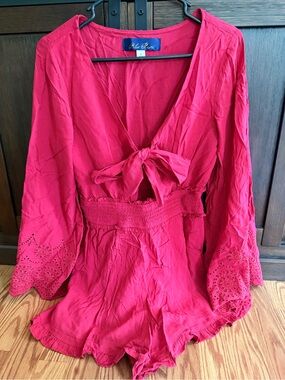 Blue Rain Red Tie-Front Eyelet Romper